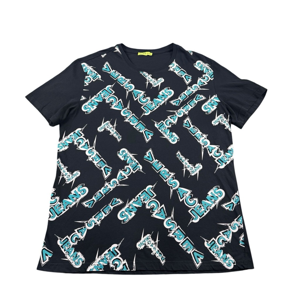 Versace Jeans Black Graffiti Blue Spellout AOP Cotton S/S T Shirt Size 2XL